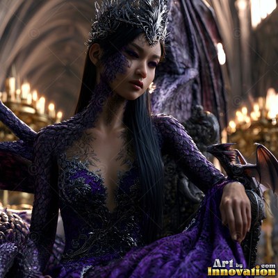 In a vaulted hall, a woman in a crown in purple sits with a tiny dragon