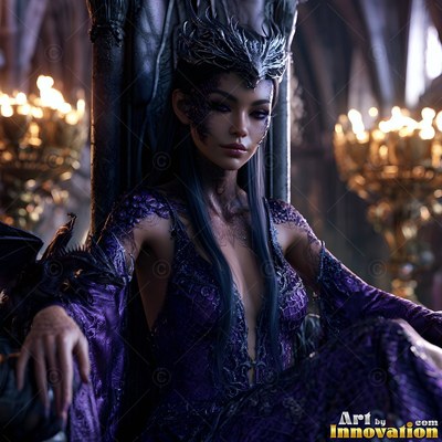 Woman with a dark crown and purple dress sitting on a throne