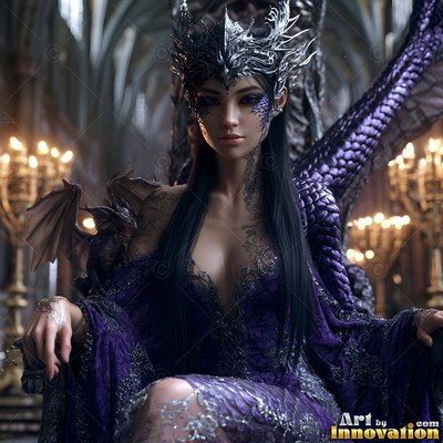 Silver crown on her head, a dark-haired woman in a purple dress sits beside dragons in a candlelit hall
