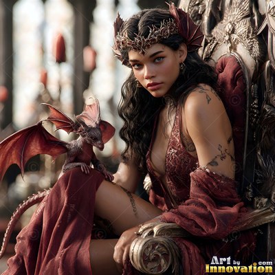 A woman sits on a throne with a small dragon on her lap in soft reddish light
