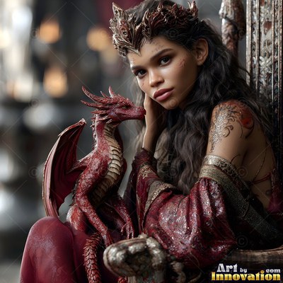 Seated on a carved throne, a woman wearing a crown rests her cheek by a small red dragon
