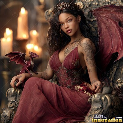 A woman in a red gown sits on a throne with a tiny dragon on her hand