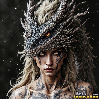 Staring ahead, a blond woman wears a spiky dragon headpiece over dark scaled skin