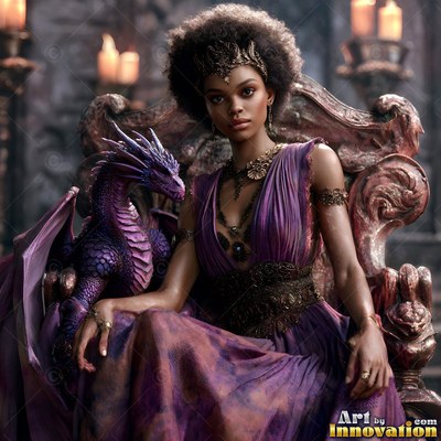 A woman in a purple dress on a throne beside a small purple dragon