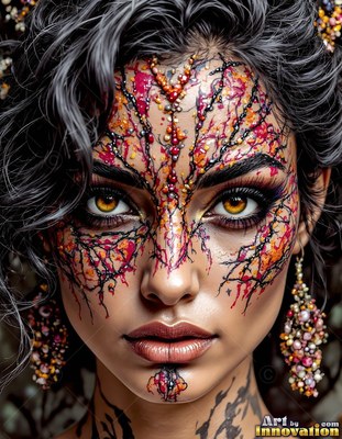 A woman wears red branch-like makeup on her face in front of a dark background
