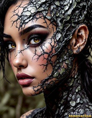 A woman gazes ahead as dark cracked scales spread over her cheek under pale light