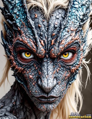 Facing forward in close-up, a dragon-like woman stares ahead with yellow eyes