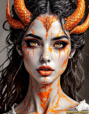 A woman with orange horns and bright orange paint on her face and neck