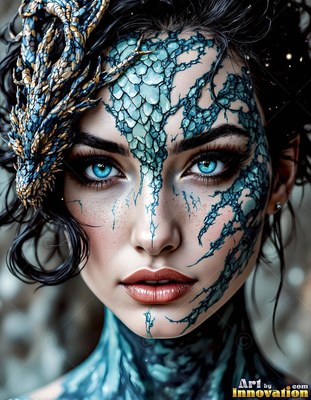 In dim light, a dark-haired woman has blue scales on her face and a tiny dragon in her hair