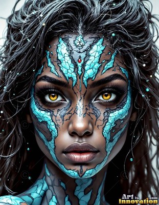 Staring ahead, a dark-haired woman has yellow eyes and cracked blue scales across her face
