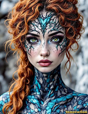 Woman with curly red hair and blue scale patterns on her skin