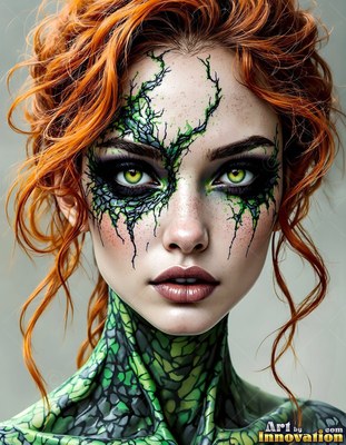 Green scales spread across the face of a red-haired woman in front of a gray backdrop