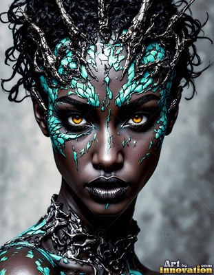 A woman stares forward with bright turquoise scales cracked across her dark skin