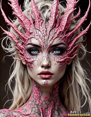 Facing forward against a dark backdrop, a woman has pink dragon scales on her face