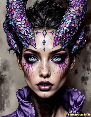 A woman with blue eyes looks forward, wearing scaled purple horns