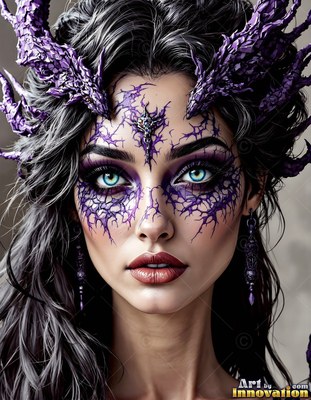 Against a plain wall, a woman wears purple horns and cracked purple face paint