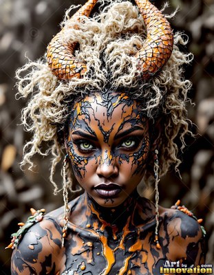 Staring forward, a horned woman with black cracked skin and curly blonde hair