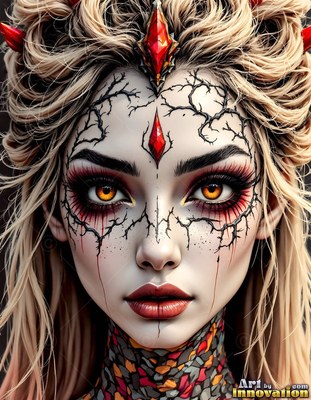 A woman with yellow eyes, small horns, and black branch-like marks