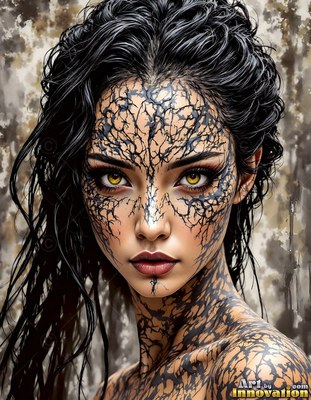 Black branching veins cover the face of a dark-haired woman before a mottled wall