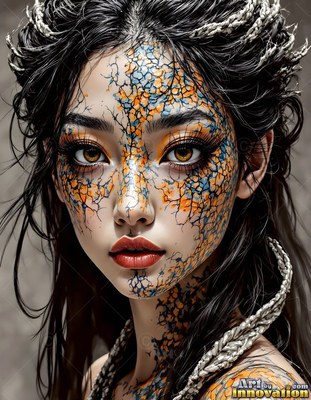 A woman looks forward with blue and orange cracked dragon scales on her face