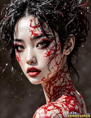 Turned over her shoulder, a woman stands in dark space with red patterns on her skin