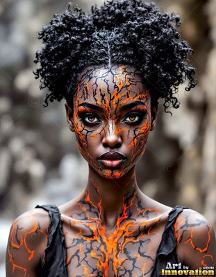 A woman with curly hair wears bright orange crackle patterns on her face and neck