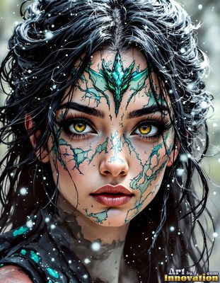 In falling snow, a woman with yellow eyes wears green dragon scales on her face