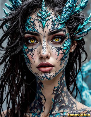 Staring ahead, a woman with yellow eyes wears blue crystal horns and black face markings