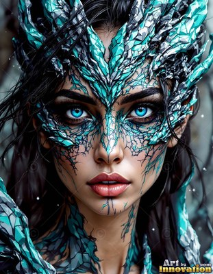 Woman wearing teal crystal scales on her face and neck