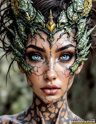 A spiky green crown frames a woman with blue eyes and cracked skin outdoors in soft light