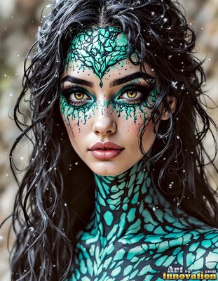 A woman looks forward with teal dragon scales painted on her face and neck in soft daylight