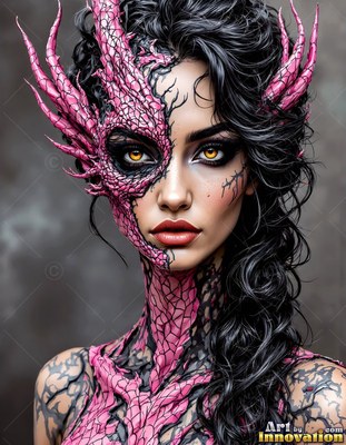 Facing forward against gray fog, a woman wears pink dragon scales across her face