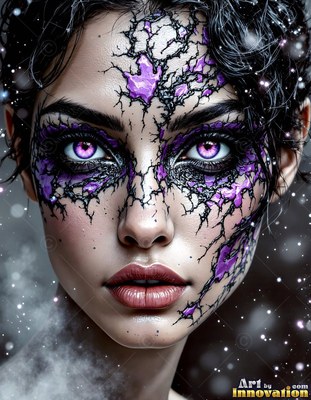 A dark-haired woman with bright purple eyes and cracked purple skin on her face