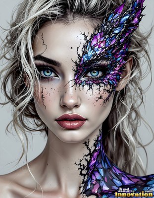 Against a gray backdrop, a woman wears purple dragon scales on her face and neck