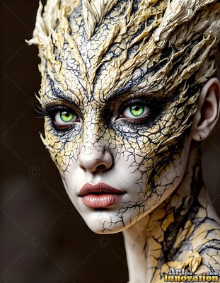 Staring forward, a pale woman has cracked textured skin and bright green eyes
