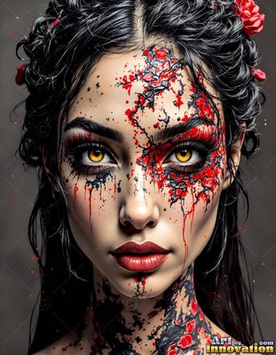 Woman with yellow eyes and red splatter paint on her face