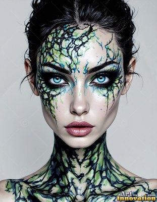 Green cracked paint covers the face and neck of a dark-haired woman against a plain gray studio backdrop