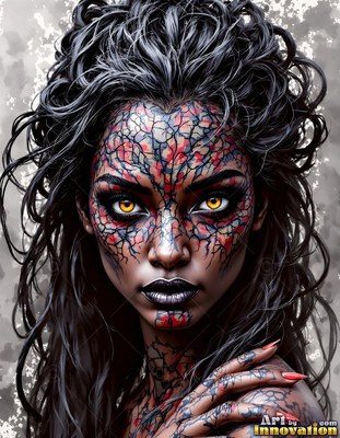 A dark-haired woman stares forward, her face covered in cracked red scales