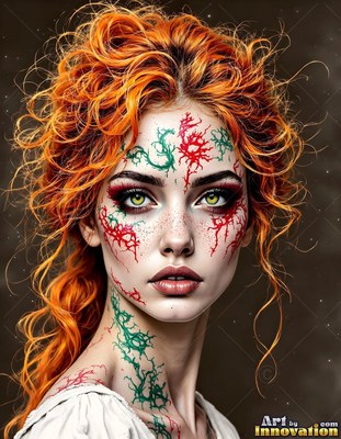 Facing forward in the dark, a woman with curly orange hair and red face paint