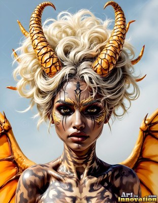 A blonde woman with curved yellow dragon horns and small wings against a bright sky