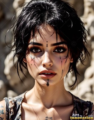 Staring forward in bright sunlight, a woman wears black markings on her face