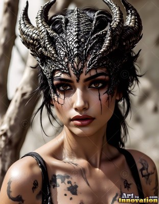 Wearing a horned black scale crown, a woman with dark eye makeup stands by trees