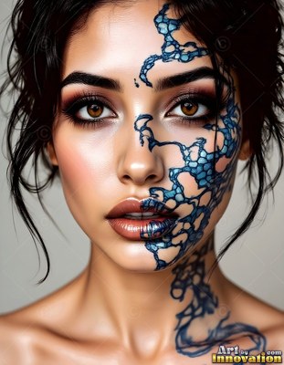 A woman looks forward with dark blue scales spreading over her cheek in soft light