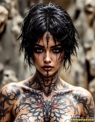 Facing forward, a tattooed woman stands against soft stone walls