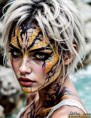 A woman with short white hair wears cracked yellow paint across her face