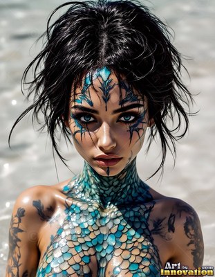 In shallow water, a dark-haired woman looks forward with blue scales on her skin