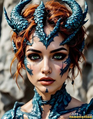 Staring forward, a red-haired woman wears blue dragon horns and scales on her face