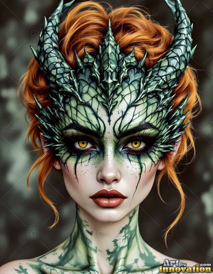 A red-haired woman with green dragon scales and horns on her face
