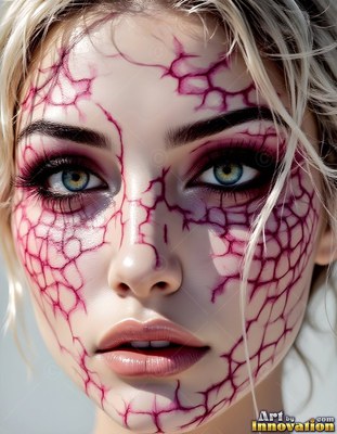 Cracked red patterns spread across a blonde woman's face against a blurred pale background