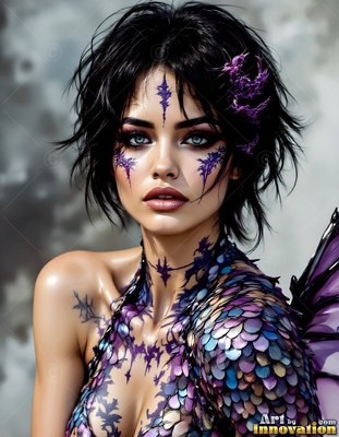 A dark-haired woman looks forward, wearing scaled armor in soft purple light